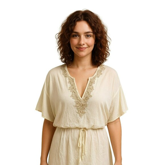 Free People Cream Embroidered Tunic Top Womens 10 Tie-Front - Picture 6 of 10